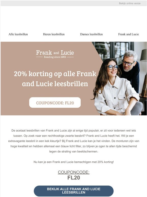 20% korting op alle Frank and Lucie leesbrillen