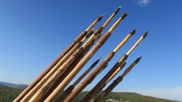 A closeup photo of a number of simple arrows or spears pointing up into a bright blue sky. The arrows’ stone points are connected to the shaft with what looks like string and some kind of glue.