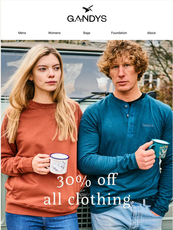 At least 30% off ALL clothing starts now!
