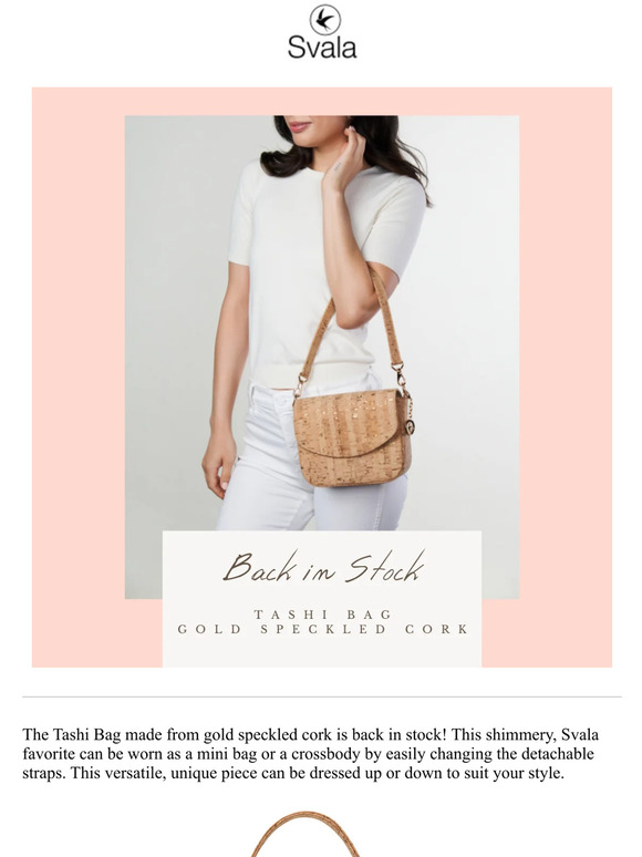 The Tashi Bag made from gold speckled cork is back in stock!