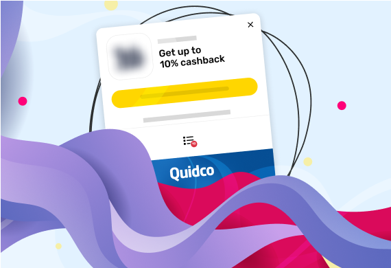 A blue background with several purple and pink swirls. In the centre is the Cashback Reminder pop up