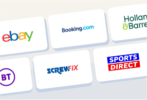 White background with lots of little blocks with different logos on them eBay, Booking.com, Holland and Barrett, BT Broadband, Screwfix and SPORTS DIRECT