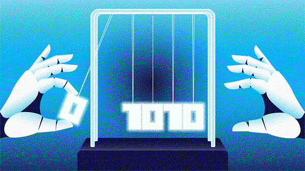Animated gif of a Newton's cradle, in which the typical balls have been replaced by zeroes and ones on strings. A hand is visible on each side of the cradle catching the digit and then releasing it again to start the movement.