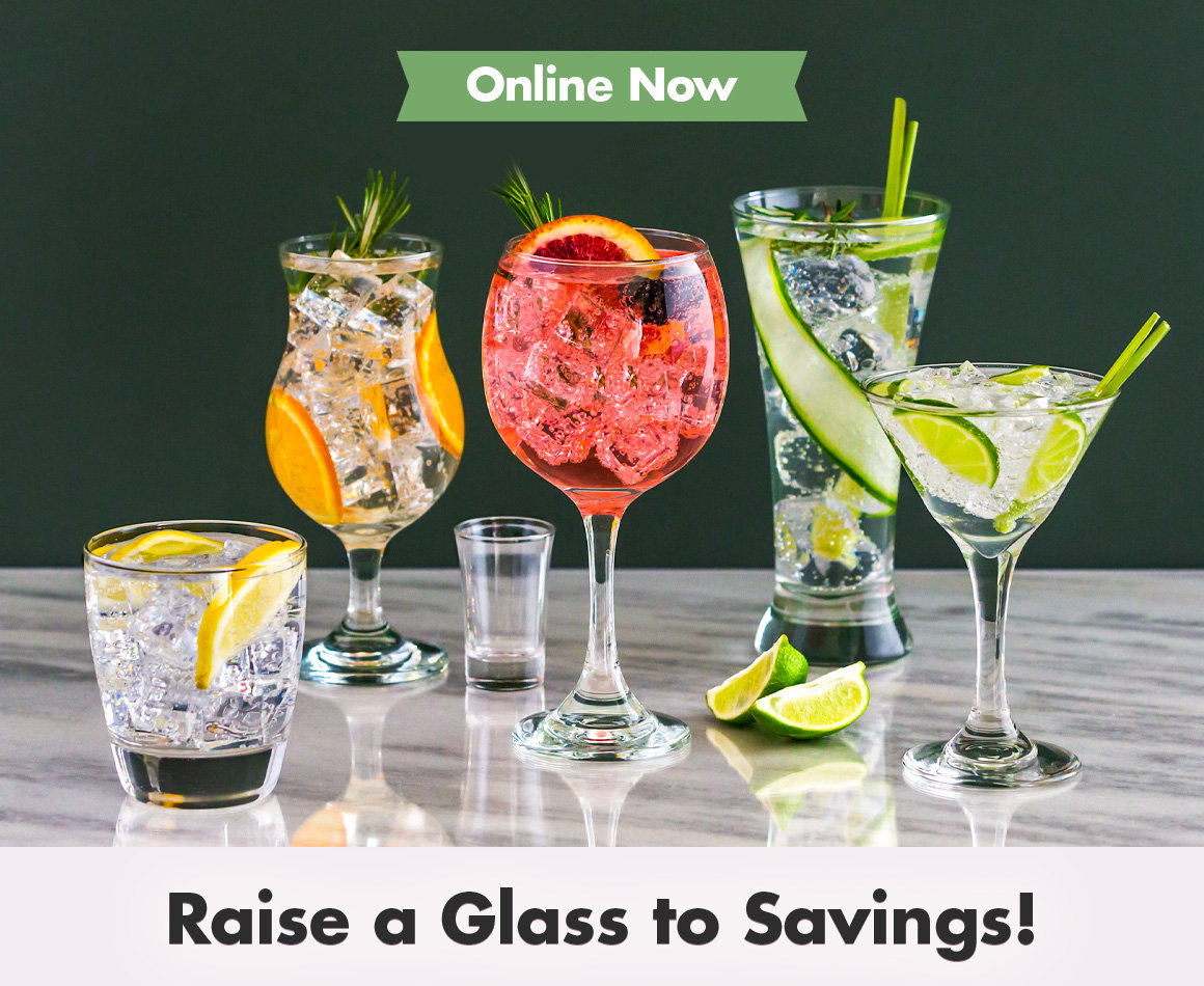 Variety of glasses, including bar glass, cocktail glasses, round wine glass, shot glass, and martini glass