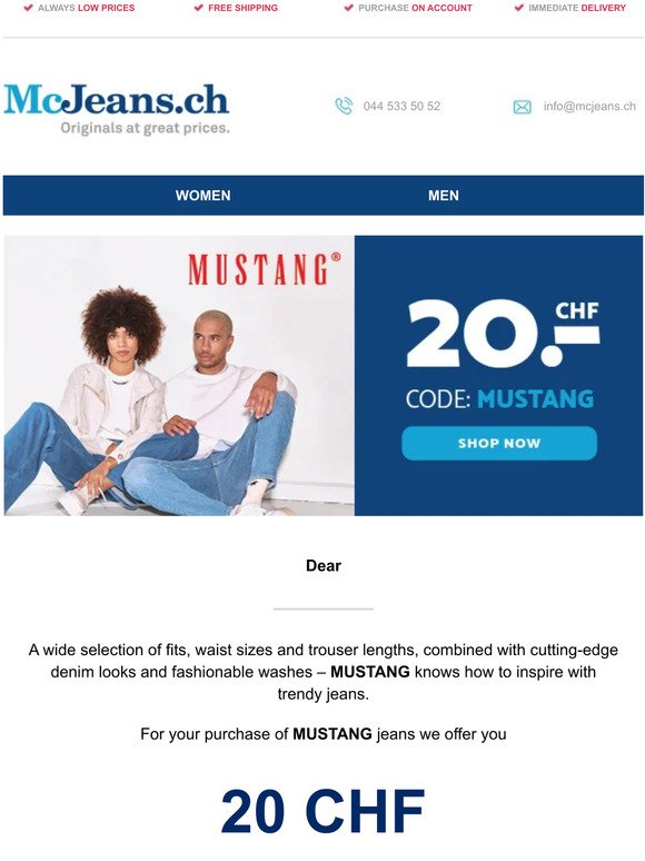 👖🐎 Last day! CHF 20 discount on Mustang jeans – McJeans.ch – free shipping