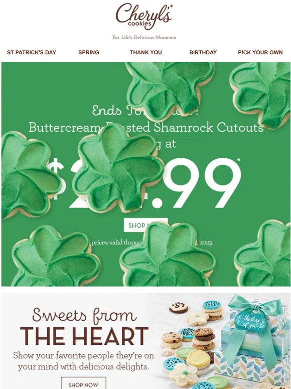 Starting at $24.99, enjoy a festive box of buttercream-frosted shamrock cookies.