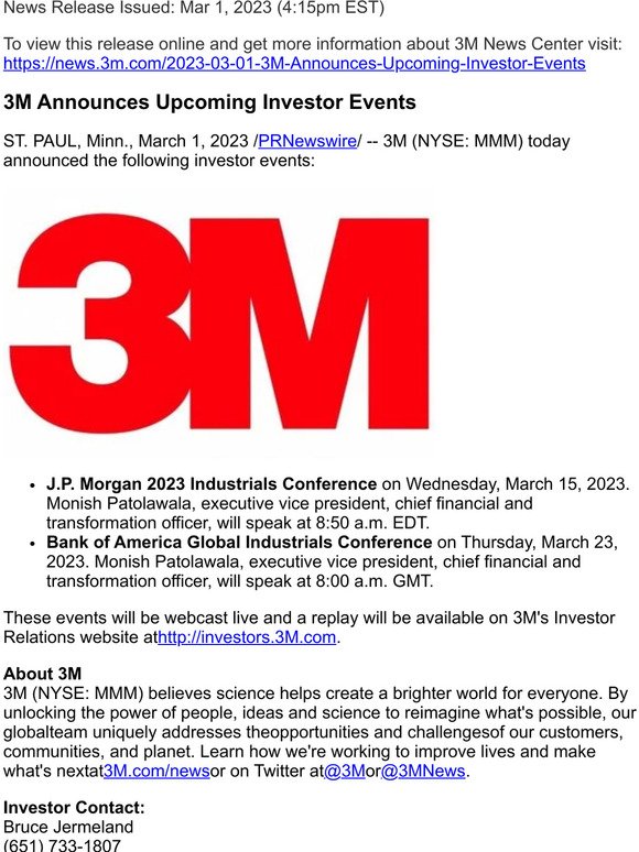 3M Announces Upcoming Investor Events