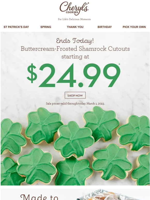ENDS TODAY ☘️ Enjoy shamrock cookies starting at $24.99.
