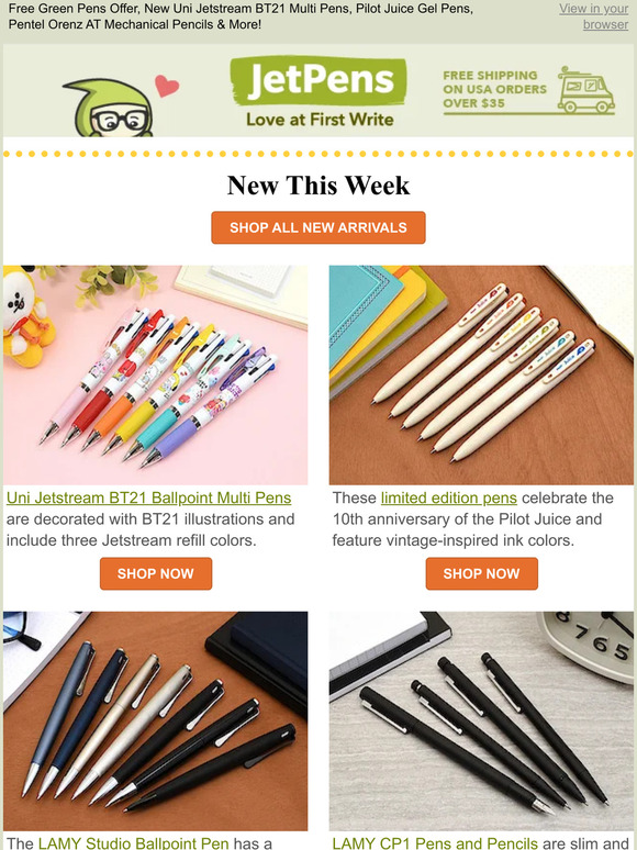 JetPens Free Green Pens Offer, New Uni Jetstream BT21 Multi Pens, Pilot Juice Gel Pens, Pentel