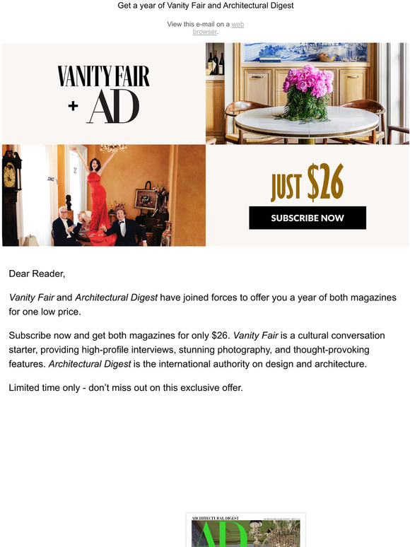 Architectural Digest Subscribe now and get Vanity Fair and