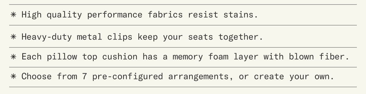 Heavy-duty metal clips keep your seats together.