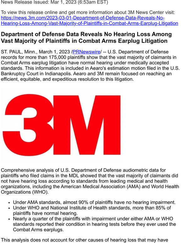 Department of Defense Data Reveals No Hearing Loss Among Vast Majority of Plaintiffs in Combat Arms Earplug Litigation