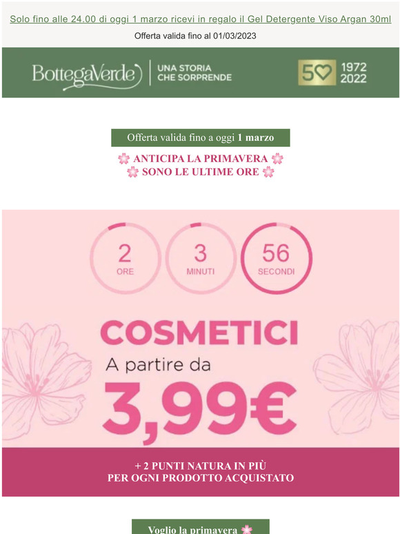 Bottega Verde: ULTIME ORE: 30 prodotti a partire da…1 EURO!