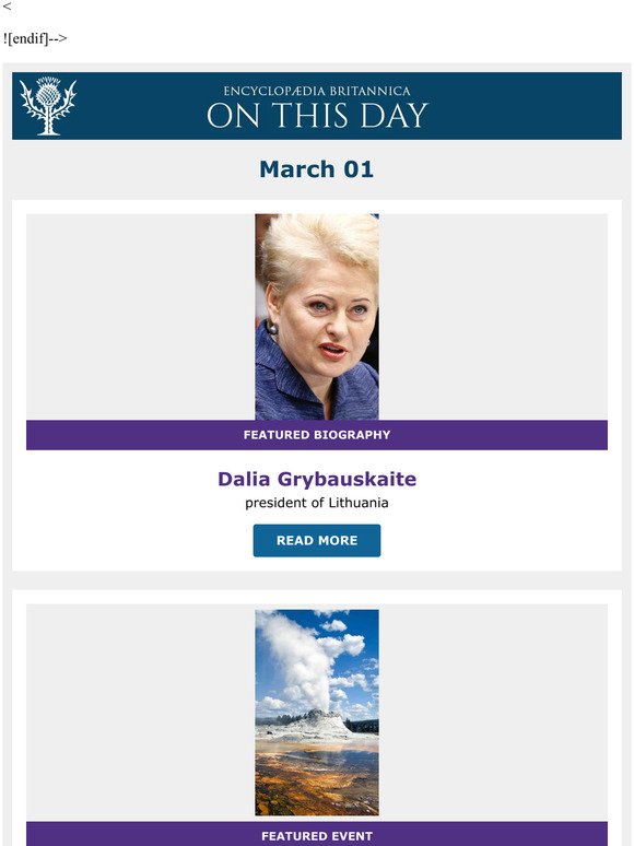 Establishment of Yellowstone as world's first national park, Dalia Grybauskaite is featured, and more from Britannica