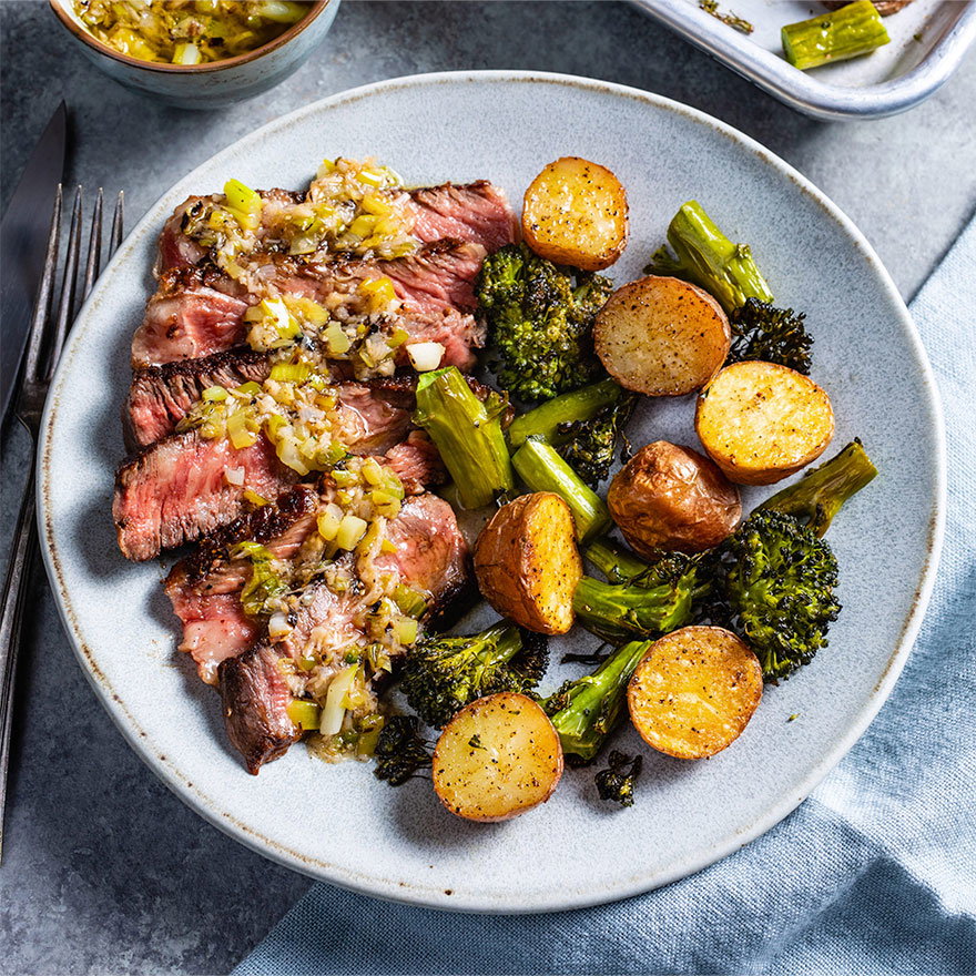 Steak, Potatoes, and Broccolini with Scallion Sauce