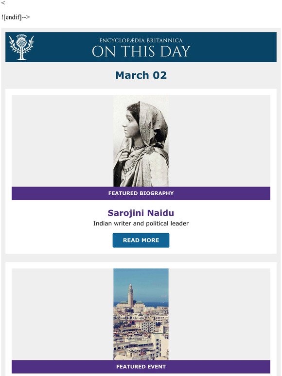 Moroccan independence declared, Sarojini Naidu is featured, and more from Britannica