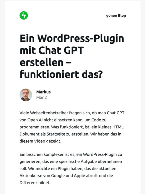 [Neuer Eintrag] Ein WordPress-Plugin mit Chat GPT erstellen – funktioniert das?