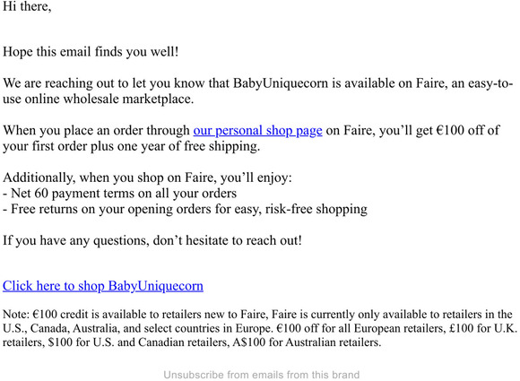 Order from BabyUniquecorn with net 60 terms on Faire