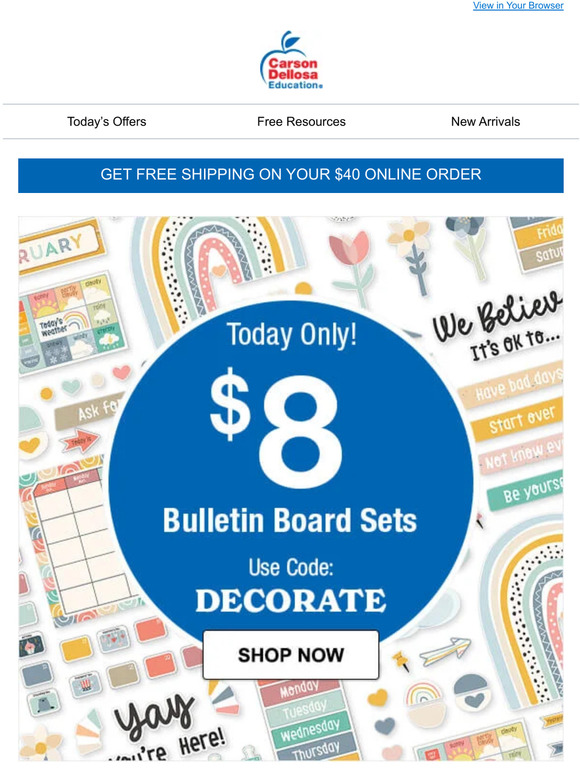 CarsonDellosa Education Today Only! 8 Bulletin Board Sets Milled