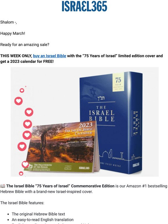 FIRST WEEK OF MARCH SALE! Only $50 for an Israel Bible and a…