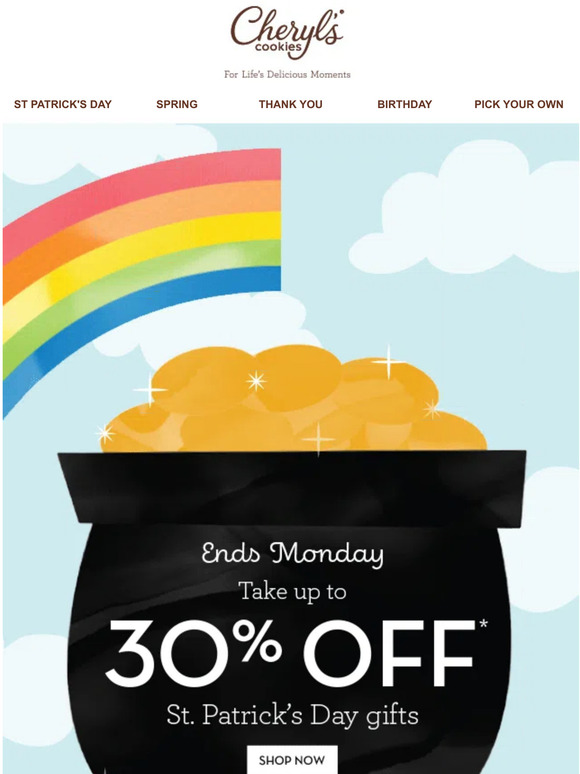 Enjoy up to 30% off St. Patrick’s Day gifts.