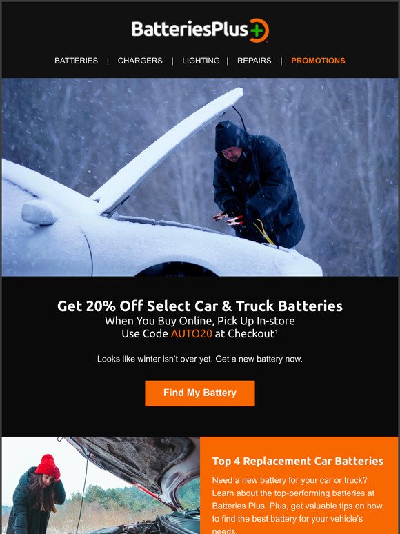 Outsmart the cold. 20% off auto batteries.