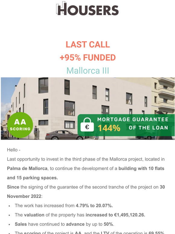 ⌛ LAST CALL +95% funded, Mallorca III with first-rank mortgage guarantee of 144% and 50% sold