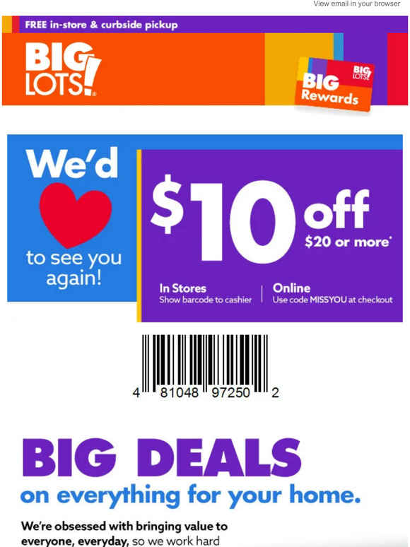 Big Lots: Where ya been? Here’s a $10 OFF for your next visit 📩 | Milled