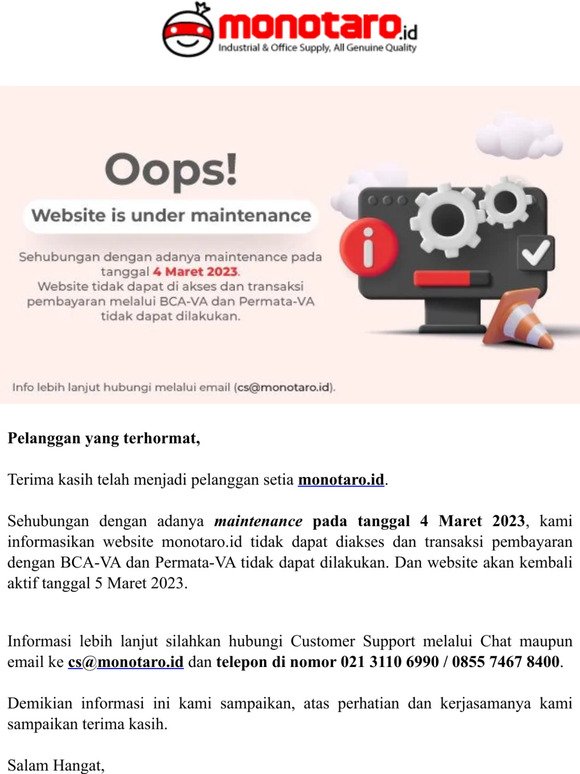 INFO: Website monotaro.id Under Maintenance 4 Maret 2023