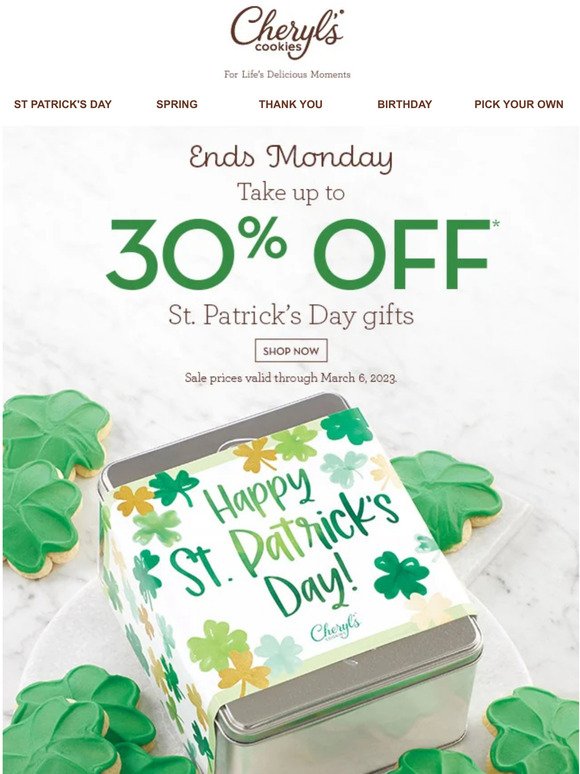 Save up to 30% on St. Patrick’s Day gifts.