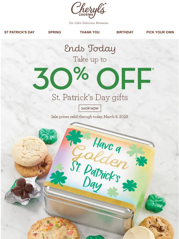 🚨 Last day for up to 30% off St. Patrick’s Day gifts.
