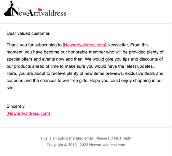 Thank You for Subscribing to the [Newarrivaldress.com] Newsletter
