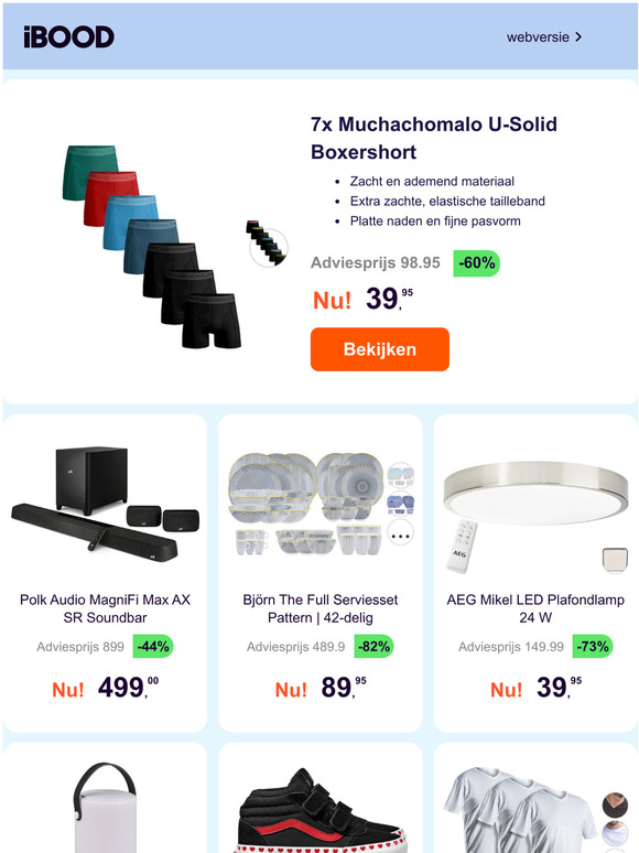 7x Muchachomalo U-Solid Boxershort -60% | Polk Audio MagniFi Max AX SR Soundbar -44% | Björn The Full Serviesset Pattern | 42-delig -82%