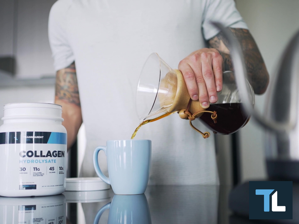 Pouring Coffee into Mug with Collagen bottle next to it