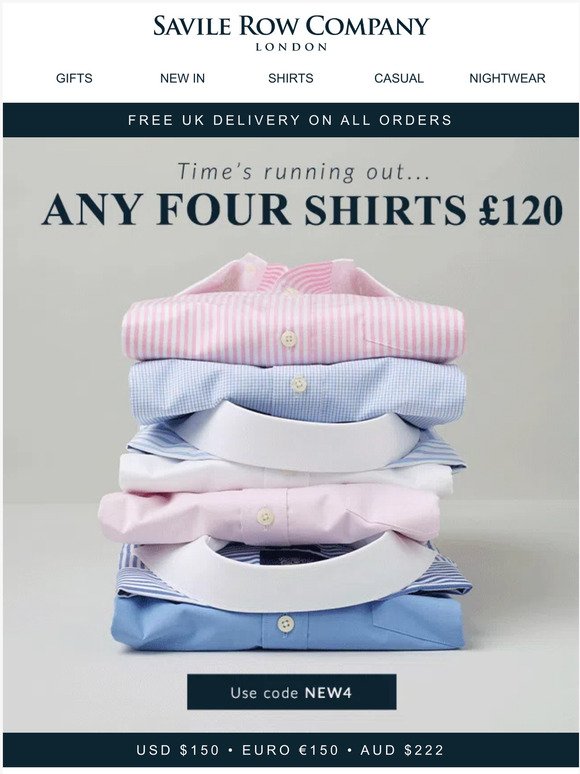 Don’t miss any 4 shirts for £120
