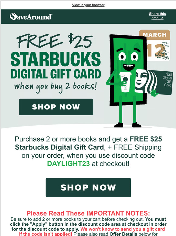 FREE $5 Starbucks Gift Card with $25 Purchase!