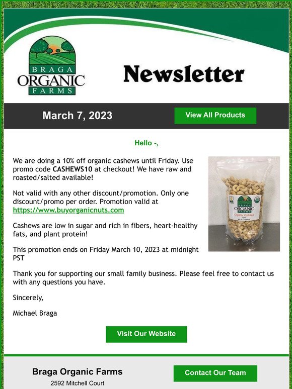 10% off organic cashews until Friday