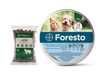 BAYER OBROŻA FORESTO 1,25g + 0,56g przeciw pchłom pies kot do 8kg dl 38cm + Dr.Huggy supreme dog nu