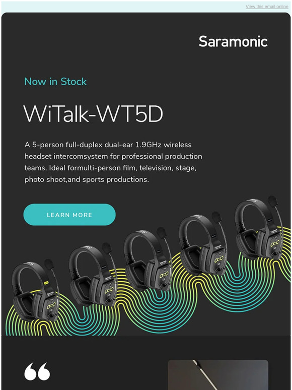 Now in stock! The WiTalk-WT5D 5-person full-duplex dual-ear 1.9GHz wireless headset intercom system.