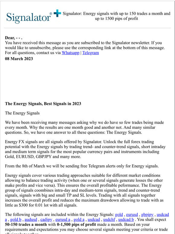 Signalator: Energy signals with up to 150 trades a month and up to 1500 pips of profit