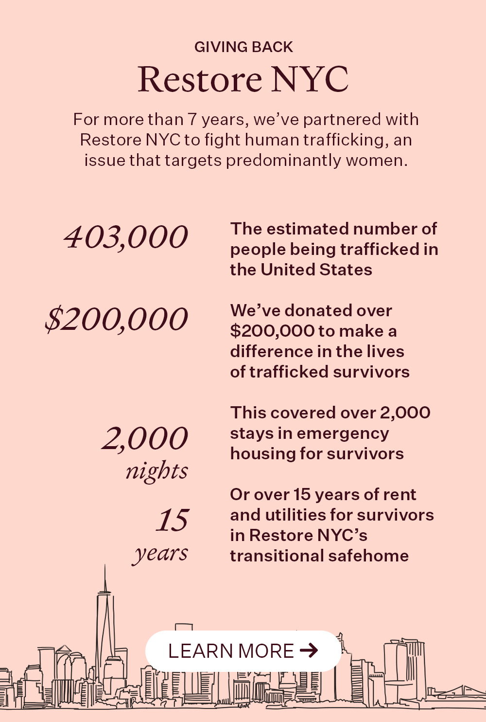 Giving Back: Restore NYC. For more than 7 years, we've partnered with Restore NYC to fight human traffficking, an issue that targets predominantly women. LEARN MORE