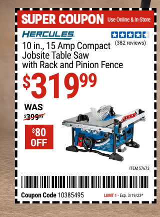 HERCULES: 10 in., 15 Amp Compact Jobsite Table Saw with Rack and Pinion Fence