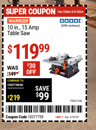 WARRIOR: 10 in. 15 Amp Table Saw