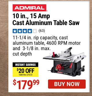 ADMIRAL: 10 in. 15 Amp Cast Aluminum Table Saw