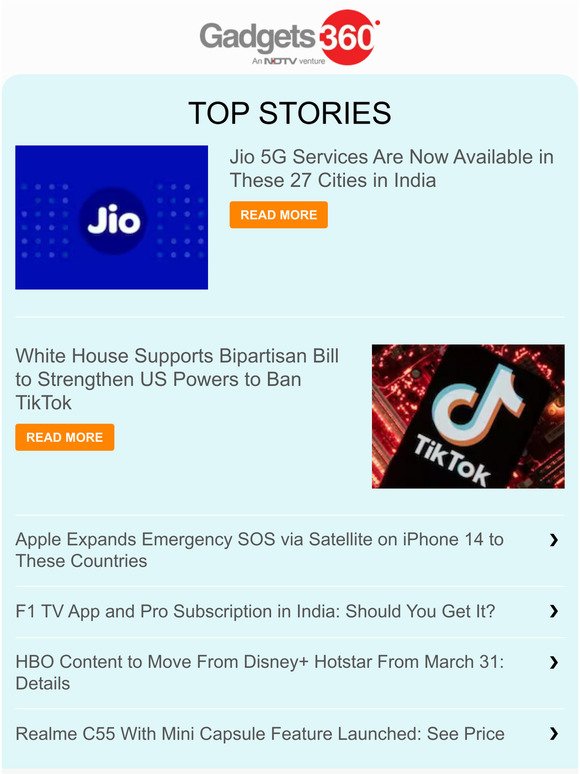 Gadgets 360 Newsletter: Jio 5G Services Are Now Available in These 27 Cities in India & more