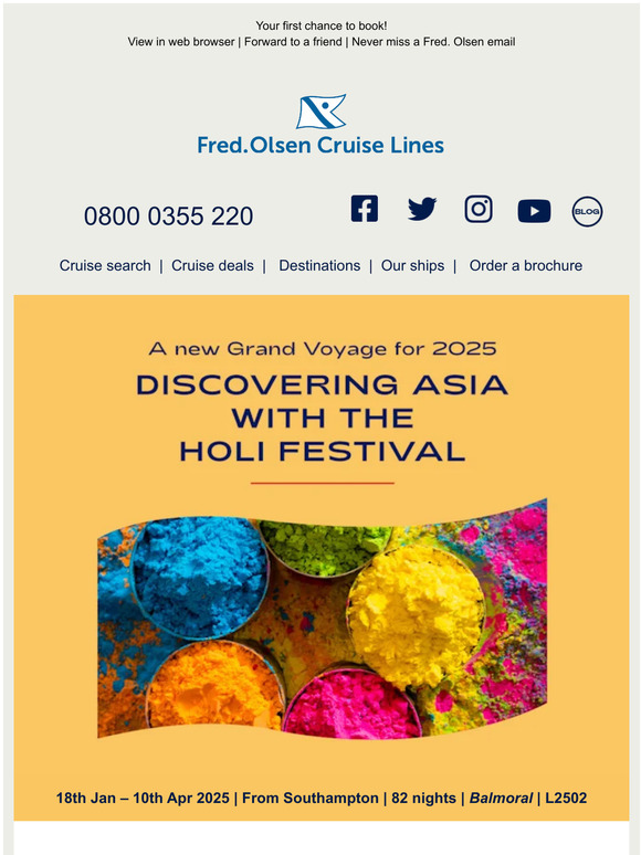 Fred Olsen Cruise Lines NEW cruise Asia with the Holi Festival in