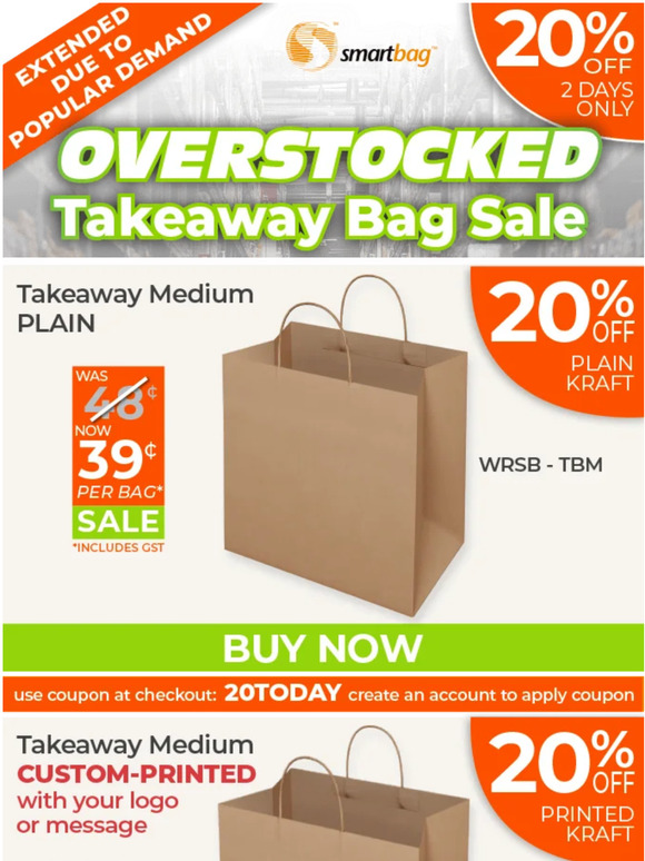 20% off – LAST CHANCE TAKEAWAY BAG SALE