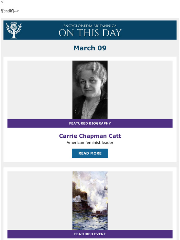 Battle of the Monitor and Merrimack, Carrie Chapman Catt is featured, and more from Britannica
