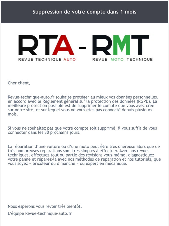 Suppression de votre compte dans 1 mois