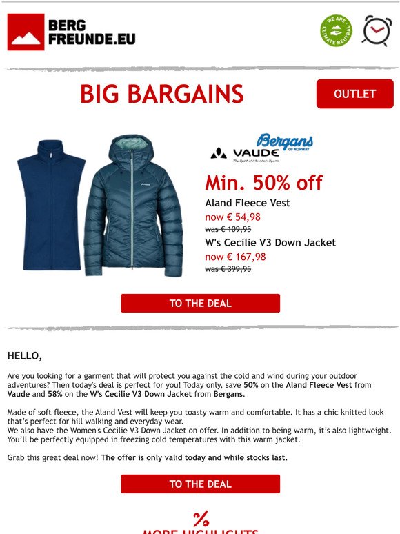 ⏰ Today only: get at least 50% off a Vaude fleece vest & Bergans down jacket